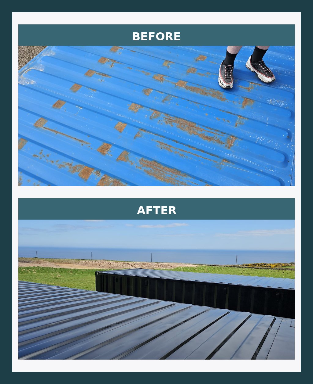 Shipping container repaint before and after — rust treatment and gloss black finish by Dunic Aberdeenshire