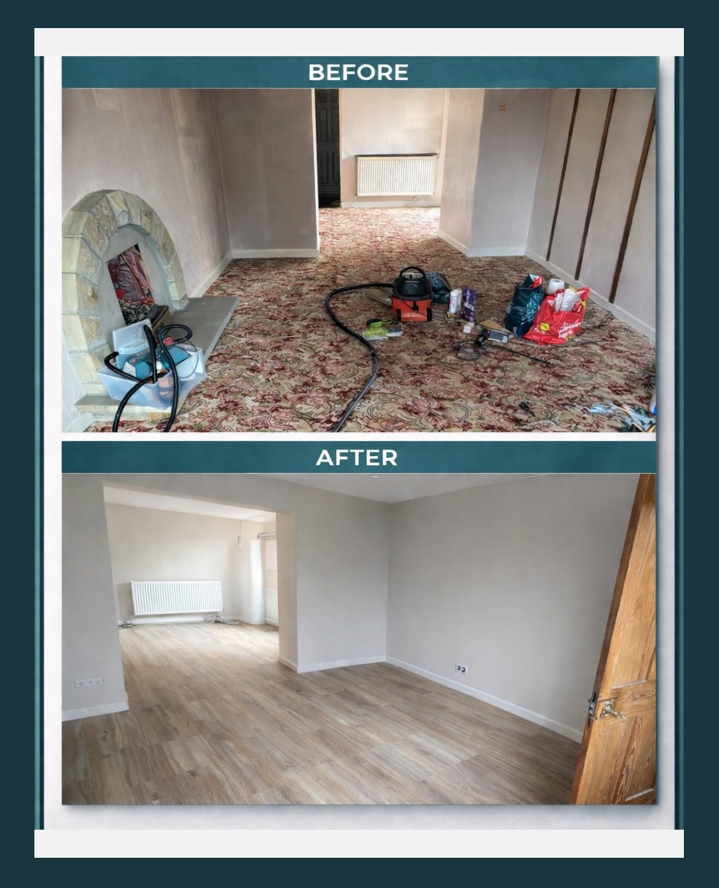 Living room renovation before and after — new flooring, painting and decorating by Dunic Aberdeen